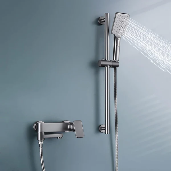 Single Lever Wall Mixer with Hand Shower - Gun Grey Electro Coated Solid Brass Faucet - Cuff Series