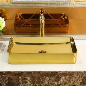 Deck-Mounted Glossy Gold Finish Acrylic Wash Basin Countertop Sink 600x350x110 mm - Luxury Vanity Basin for Homes, Hotels & Designer Bathrooms